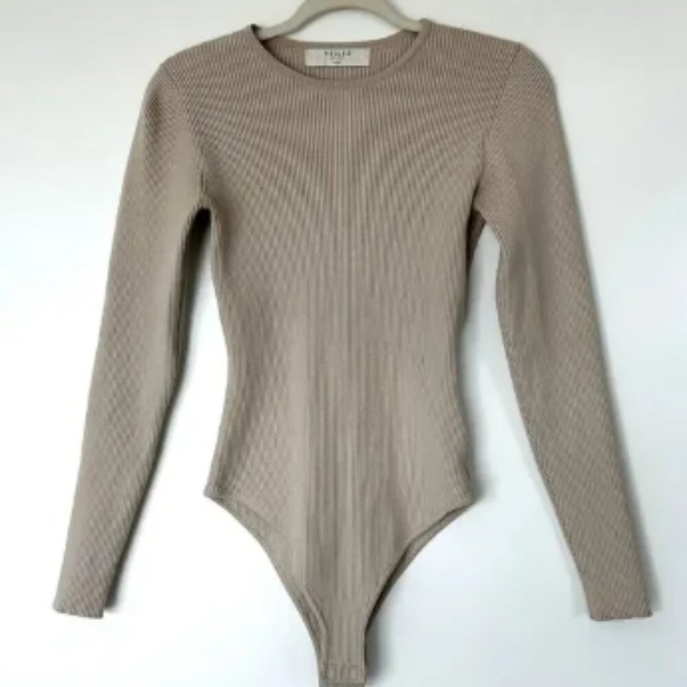 EUC Veiled New York Ribbed Knit Long Sleeve Bodysuit Beige Neutral | Size Medium